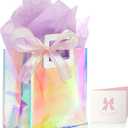 KeerxunBag 1 Pack Holographic Gift Bags with Handles & 2 Tissue Paper Sheets Iridescent Transparent Reusable Bags for Women, Girls, Birthdays, WeddingsPurple Gift Bag
