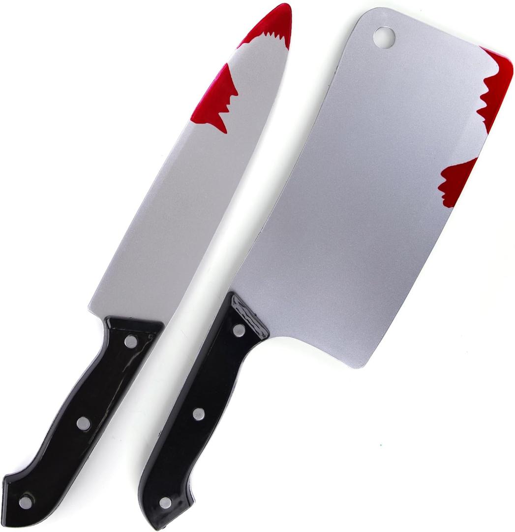 ArtCreativity Fake Bloody Knife Set for Halloween - Bloody Knife Prop Set with Meat Cleaver and Kitchen Knife - Two Highly Detailed Plastic Knives for Halloween Costumes - Toy Knife Set with Blood