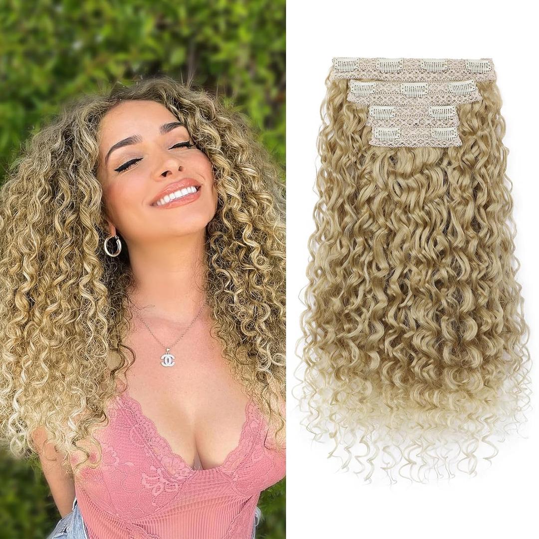 Clip in Hair Extensions, FLUFYMOOZ 4PC 100 Pure Protein Silk Hair Extensions Long Soft Natural Hairpiece 20 Inch Curly Hair Extension for Women (Medium Blonde to Light Blonde)