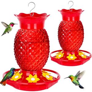 Fchstaer Glass Hummingbird Feeders for Outdoors Hanging 16oz 2 Pack Red Pineapple Bee & Ant Proof 360Perch Leakproof Easy Clean with 6 Feeding Ports Gifts for Mom