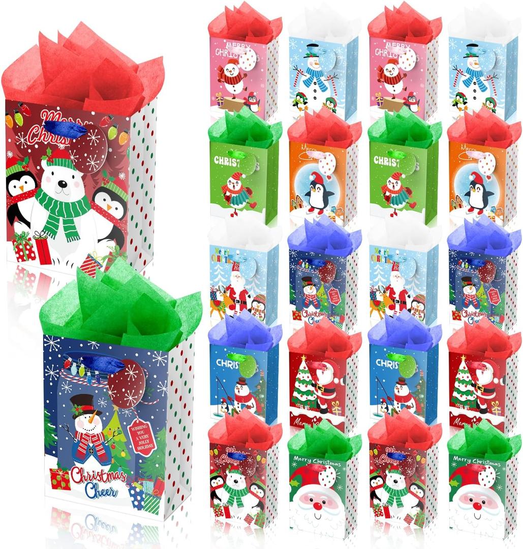 XiaosRen 20Pcs Mini Chirstmas Gift Bags with Tissue Paper and Tag, Small Paper Bags with Handles Assorted Cute Christmas Design for Xmas Holiday Presents Wrapping.