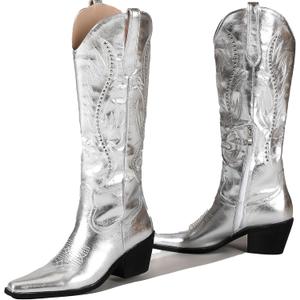 LingxiaUne Red Embroidered Cowboy Boots For Women Stylish Western Cowgirl Boot With Pointed Toe Chunky Block Heel Comfortable Shoes Mid Calf Boot For Party Prom Music Festival Pull On (8, Metallic Silver)