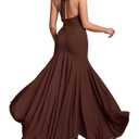 HTZMO Women Formal Sexy V Neck Halter Tie Maxi Dress Bodycon Flowy Wedding Guest Cocktail Elegant Long Dresses Brown S (S)