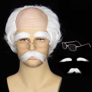 Miss U Hair Old Man White Wig and Mustache Eyebrows Glasses Bald Cap With Hair On Sides Balding Grandpa Wig