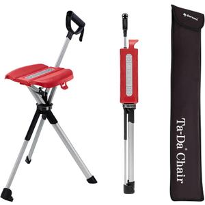 STEP2GOLD Ta-Da Chair Series 2- Portable Walking Stick, Cane with Seat, Foldable Chair, Hiking Stick, for Camping, Hiking, Lightweight Aluminum, Easy Carry, Anti-Slip (Red)