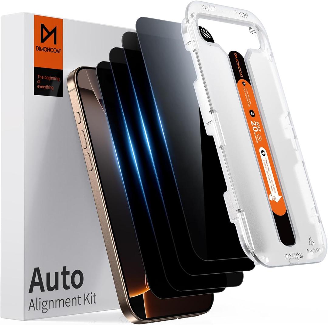 DIMONCOAT 4-PACK Privacy Screen Protector Compatible with iPhone 16 Pro [Auto Alignment Kit] [10X Military Protection] 16 Pro 6.3 inch Tempered Glass Film [Case Friendly] (iPhone 16 Pro (6.3 inch), Privacy)