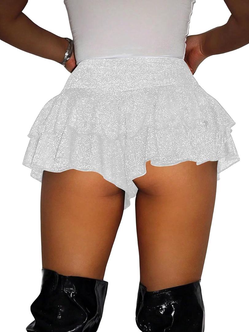 RoseSeek Women's Sequin Glitter Booty Shorts Sparkly Skirts Rave Skorts | Layered Ruffle, High Waisted, Club Party, Cheeky