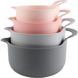 COOK WITH COLOR Nesting Plastic Mixing Bowl Set with Pour Spouts and Handles, Pink, 4 Piece Non-Slip
