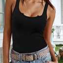 Women Tank Tops Sleeveless Shirt Basic Notched Scoop Neck Ribbed (Black, M)