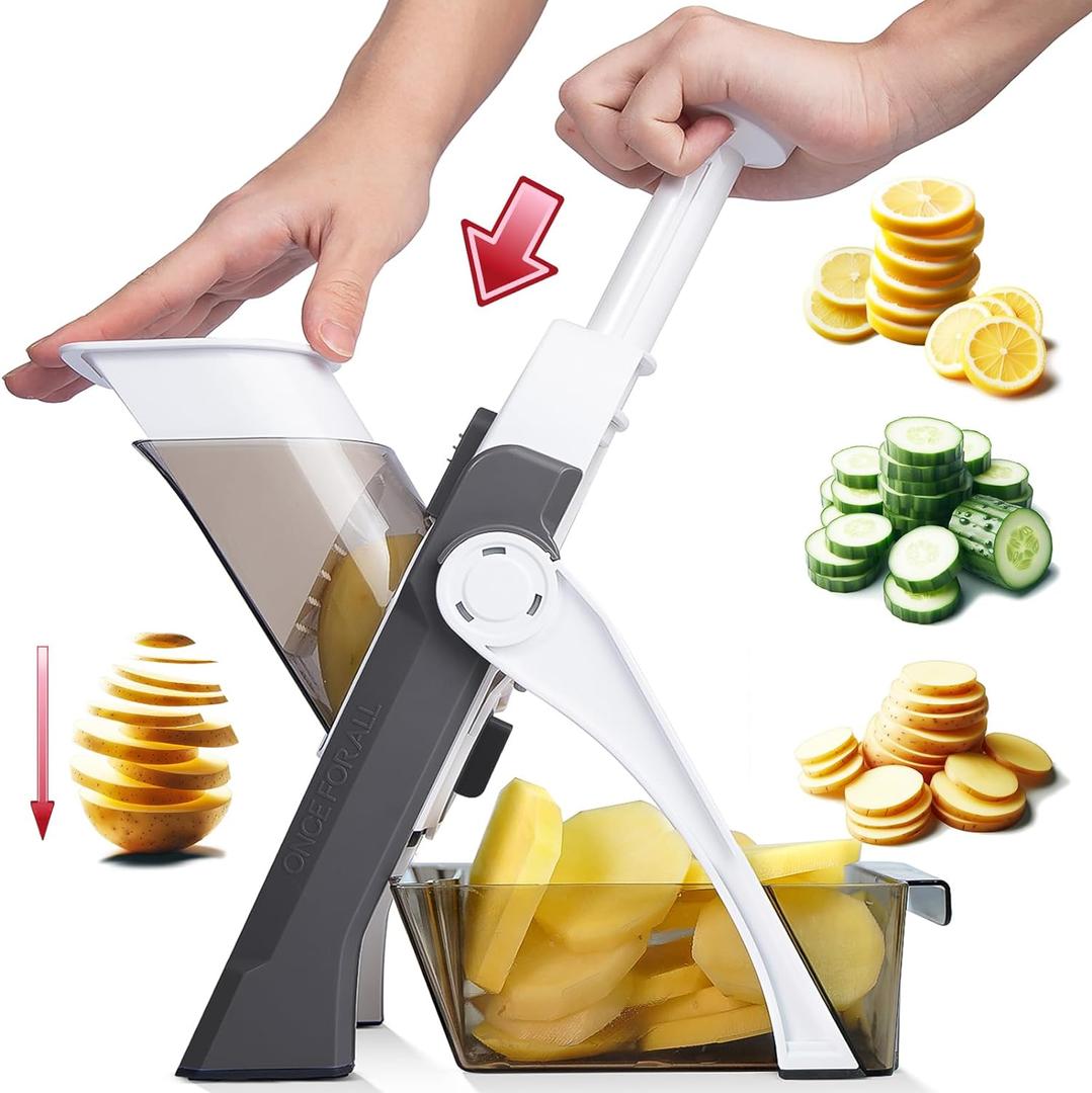 ONCE FOR ALL Safe Mandoline Slicer For Kitchen, Professional Vegetable Slicer For Food Potato Slices, Thickness Adjustable 0.1-8 mm Kitchen Artifact Fast Meal Prep (Gray)
