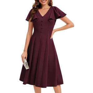 Bbonlinedress Vintage Cocktail Dress V Neck Women Formal Wedding Guest Retro Church Tea Length Mother of The Bride Dress (Small, Burgundy)