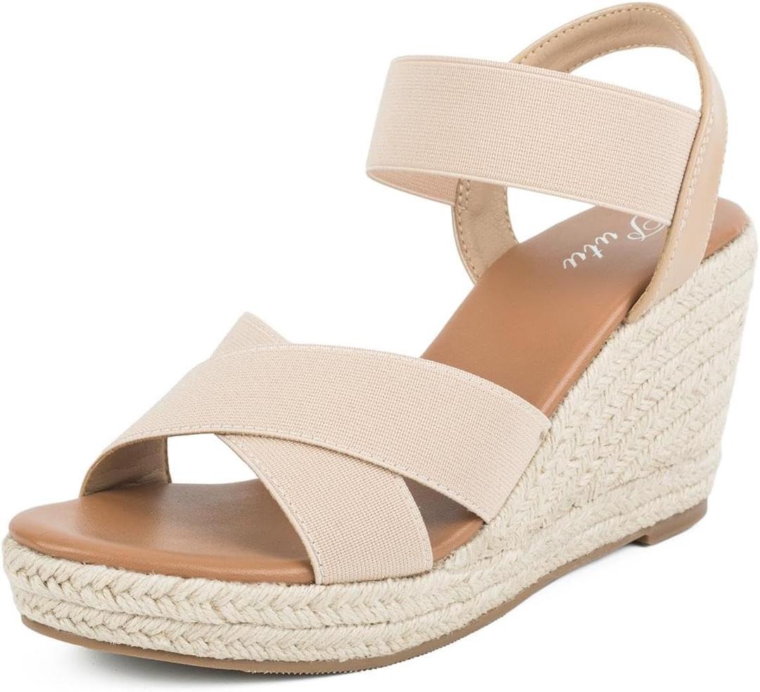 Putu Women's Espadrilles Wedge Sandals Elastic Ankle Strap Platform Sandals Open Toe Criss-cross Wedge Sandals (8, Nude)