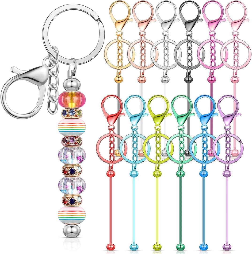 Tondiamo 12 Pcs Beadable Keychains Bars Bulk Blank Beaded Metal Keychain for Craft DIY Gift (Fresh)