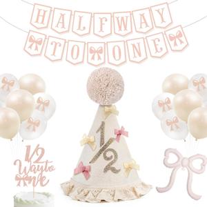 Half Birthday Decorations for Baby Girl  Bow Birthday Hat, Half Way to One Banner, Bow Balloons, 1/2 Cake Topper, 6 Months Party Supplies