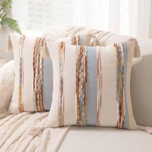 Boho Throw Pillow Covers 18x18 Set of 2 Woven Tufted Farmhouse Pillows Cover with Tassels Textured Striped Cushion Case Neutral Pillow Cases Decorative Pillowcase for Sofa Couch,Light Blue