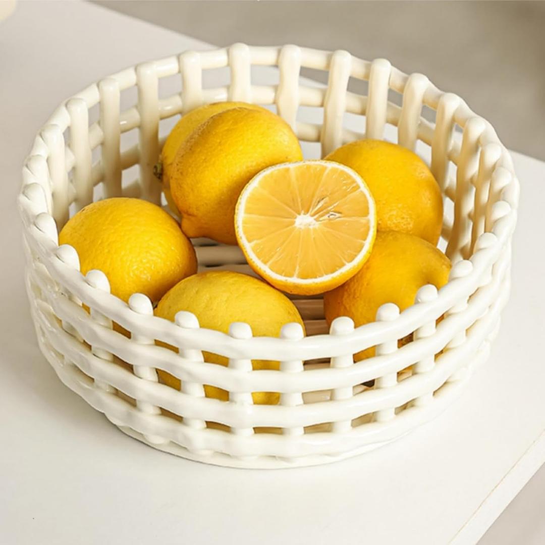 WRINGKIT Ceramic Fruit Bowl, 8" Decorative Bread Basket for Kitchen Counter, Hollow Out White Fruit Vegetable Serving Bowls for Home Table Decor, Modern Large Candy Snacks Organizer Bowl