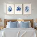 Framed Coastal Coral Wall Art for Living Room, Large Navy Blue Watercolor Coral Artwork for Walls, 3 Piece Minimalist Ocean Beach Marine Plants Pictures Prints for Bedroom Hallway Wall Decor, 16x24 In