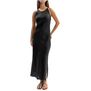 Amazhiyu Women's 100% Linen Summer Sleeveless Splits Bodycon Maxi Dresses Casual, Black, L