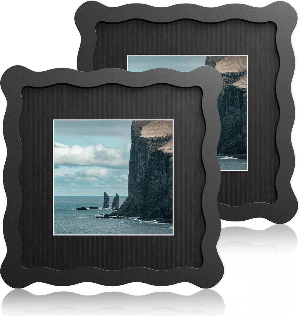 6x6 Wavy Picture Frame With Mat For 4x4, Wavy Edge Wooden Picture Frame with Real Glass - Wall Mount and Tabletop Display, Black, 2 Pack