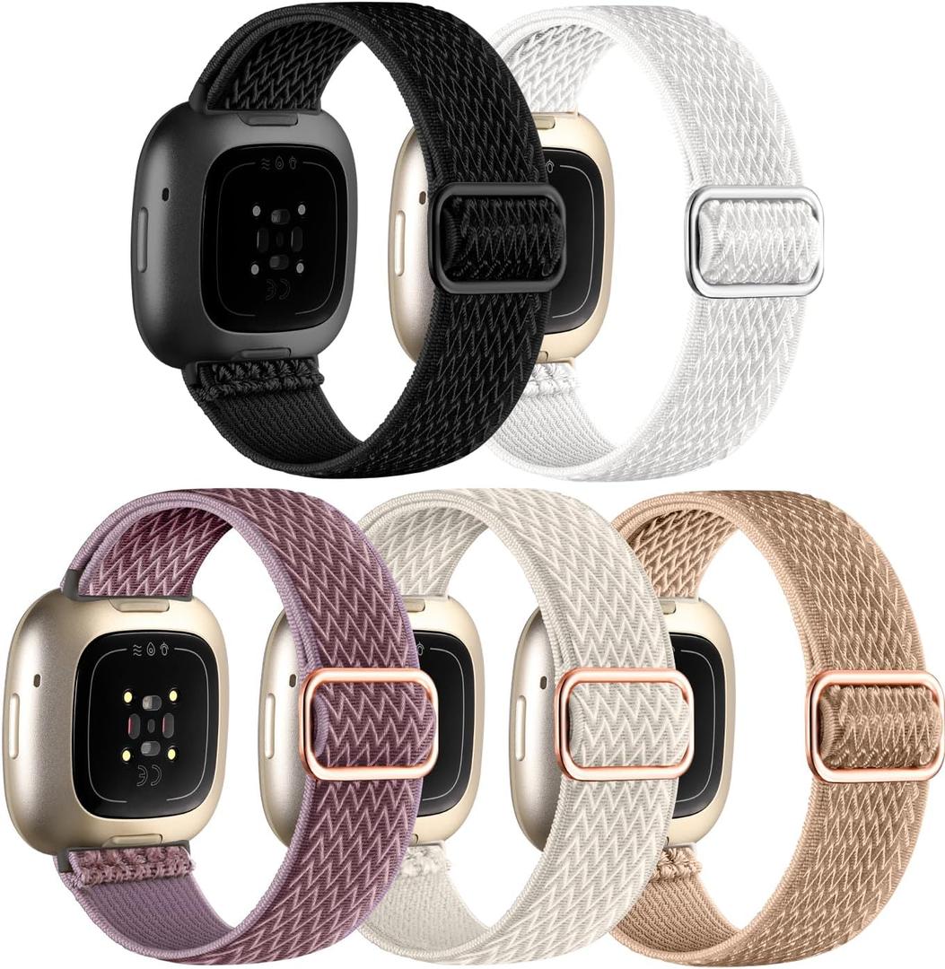 Adorve Compatible with Fitbit Versa 3 Bands/Fitbit Versa 4 Band/Fitbit Sense Bands for Men Women, Adjustable Stretchy Solo Loop Elastic Nylon Sport Strap for Smart Watch Replacement (Black/White/Smokey Mauve/Starlight/Milk Tea)