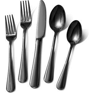 30 Piece Black Silverware Set, Ollex Flatware Set for 6 Food-Grade Stainless Steel Cutlery Utensils Include Spoon Knife Fork Mirror Polished for Home, Party, Wedding, Dishwasher Safe