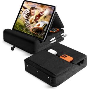 TpeeTeek Tablet Pillow Stand with Storage, Foldable iPad Holder for Lep, Bed, Sofa, and Desk - Soft Pad Dock with Pocket and Stylus Mount Compatible with 4-13" iPad Pro/Air/Mini, Galaxy Tab, Kindle (Black)