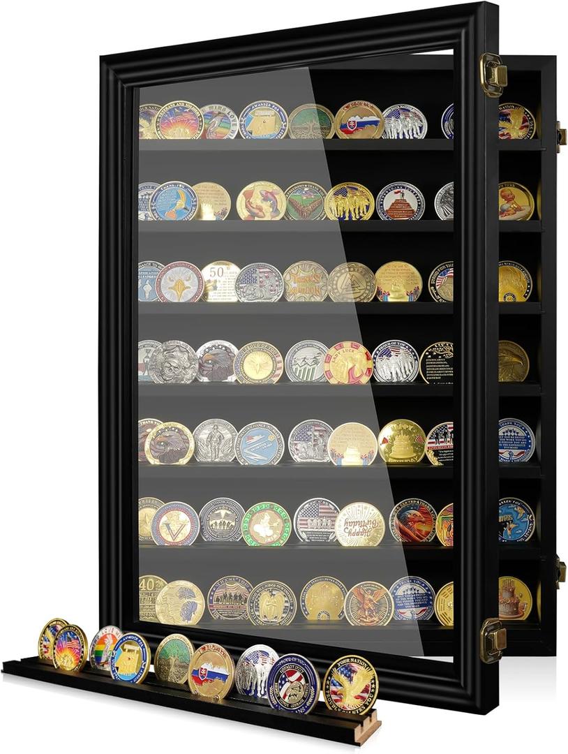 7 Rows Wooden Military Challenge Coin Holder Display Case with HD Tempered Glass Holds 100 Coins, Medal Display Cabinet Shadow Box with Removable Shelves, Tabletop or Wall Mountable Black
