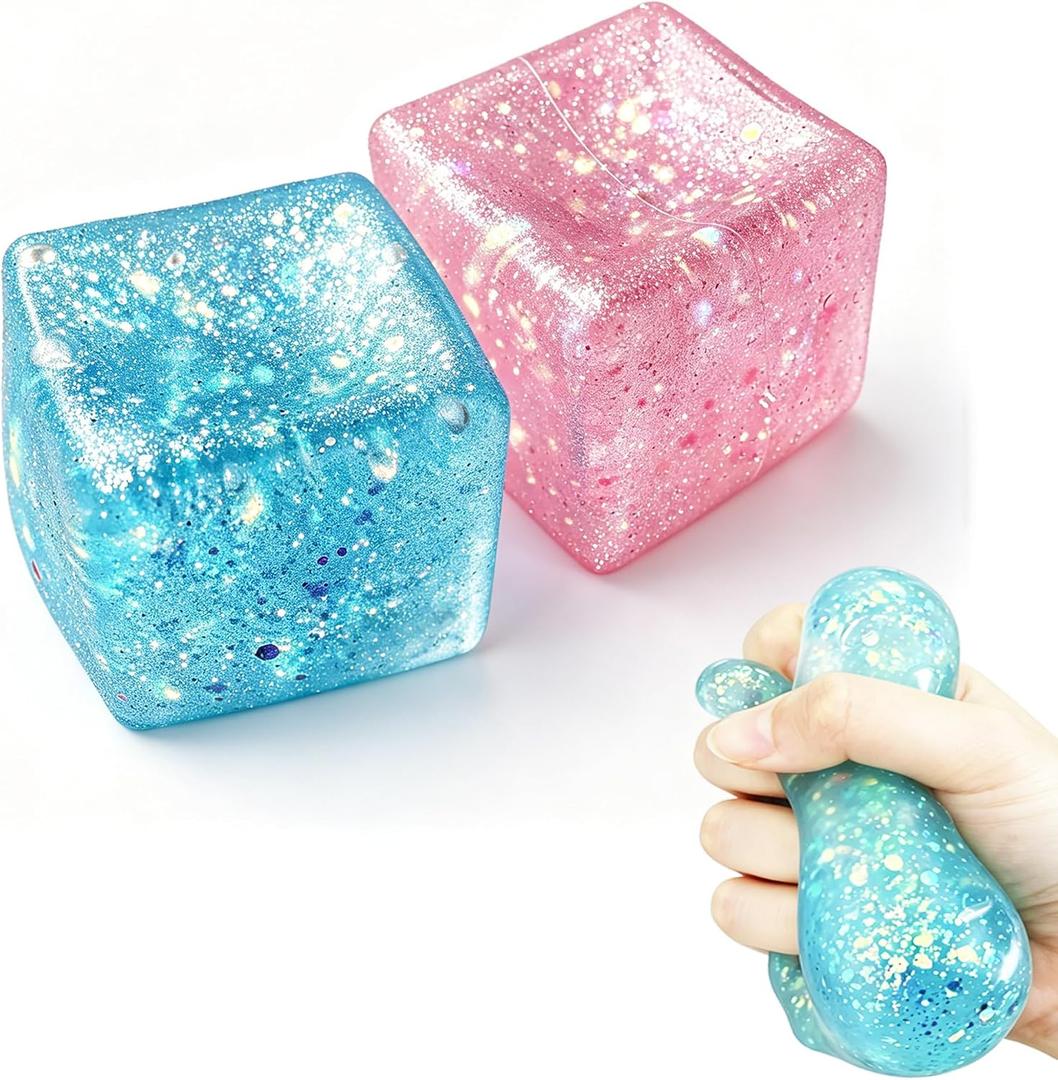 Squishy Stress Cube, Glitter Cube Squishy Toys, Squeeze Stress Relief Toys Cube for Kids Adults