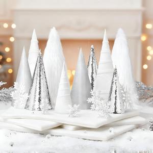 24 Pcs Large Cone Christmas Trees with Snowflakes Set, 14'' 11'' 8'' Christmas Tree Tabletop Decor & Wooden 3D Snowflake Table Centerpiece for Gifts Winter Home Decorations(Black, White)