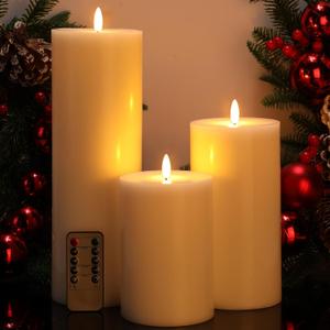 Retisee 3 Pcs White Large Flameless LED Battery Operated Candles with Remote and Timer Real Wax Flickering Candles for Indoor Outdoor Party Wedding Lights Decorations