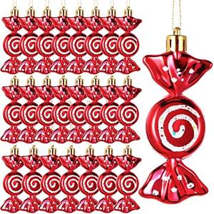 Civaner 24 Pcs Christmas Candy Ornaments Candy Cane Christmas Tree Glitter Hanging Ornaments Plastic Peppermint Swirl Decorations for Tree Home Favor Party Supplies(Red)