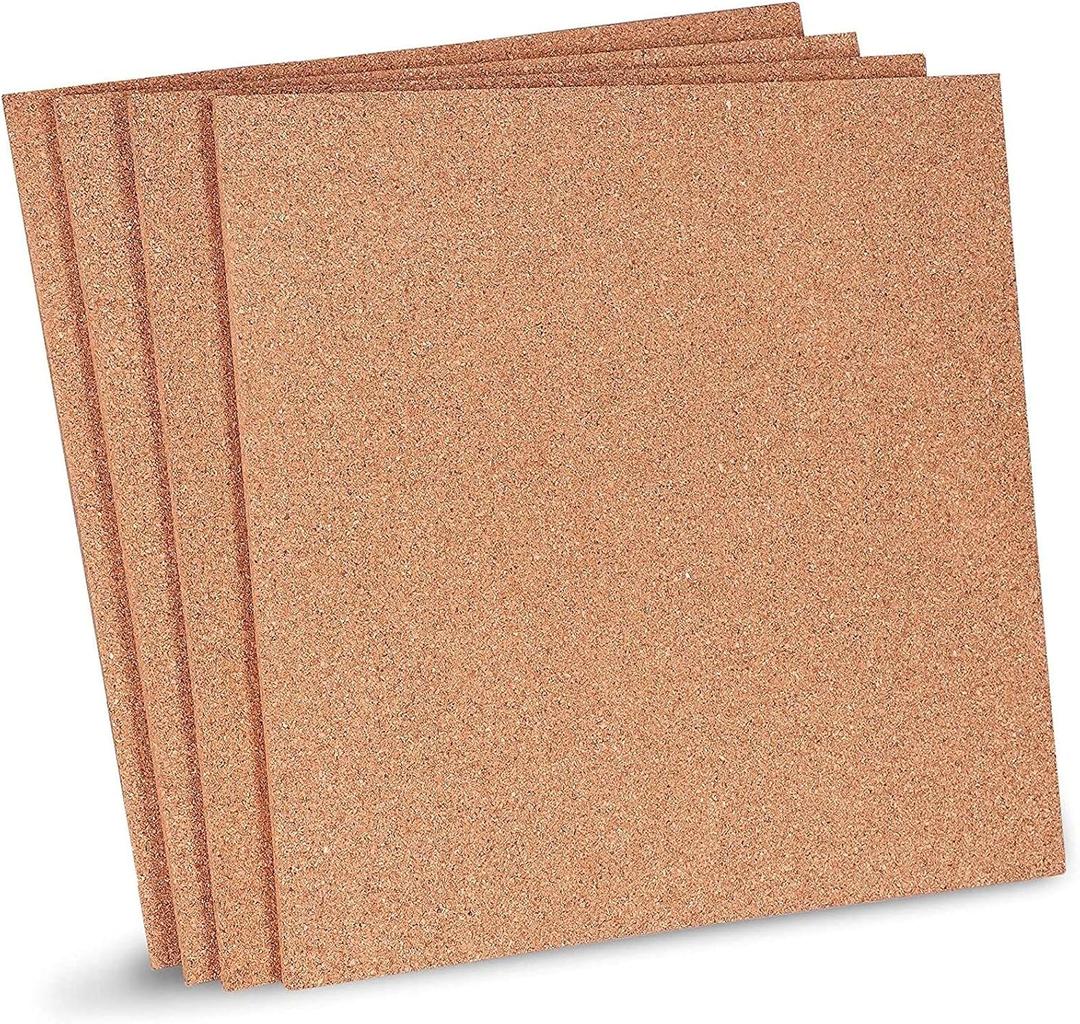 Juvale Cork Board Tiles - 12 x 12 in, 1/4 in Thick, 4-Pack Brown Square - Corkboard for Office & Bulletin Boards for Walls - Crafts, Coasters & Trivets
