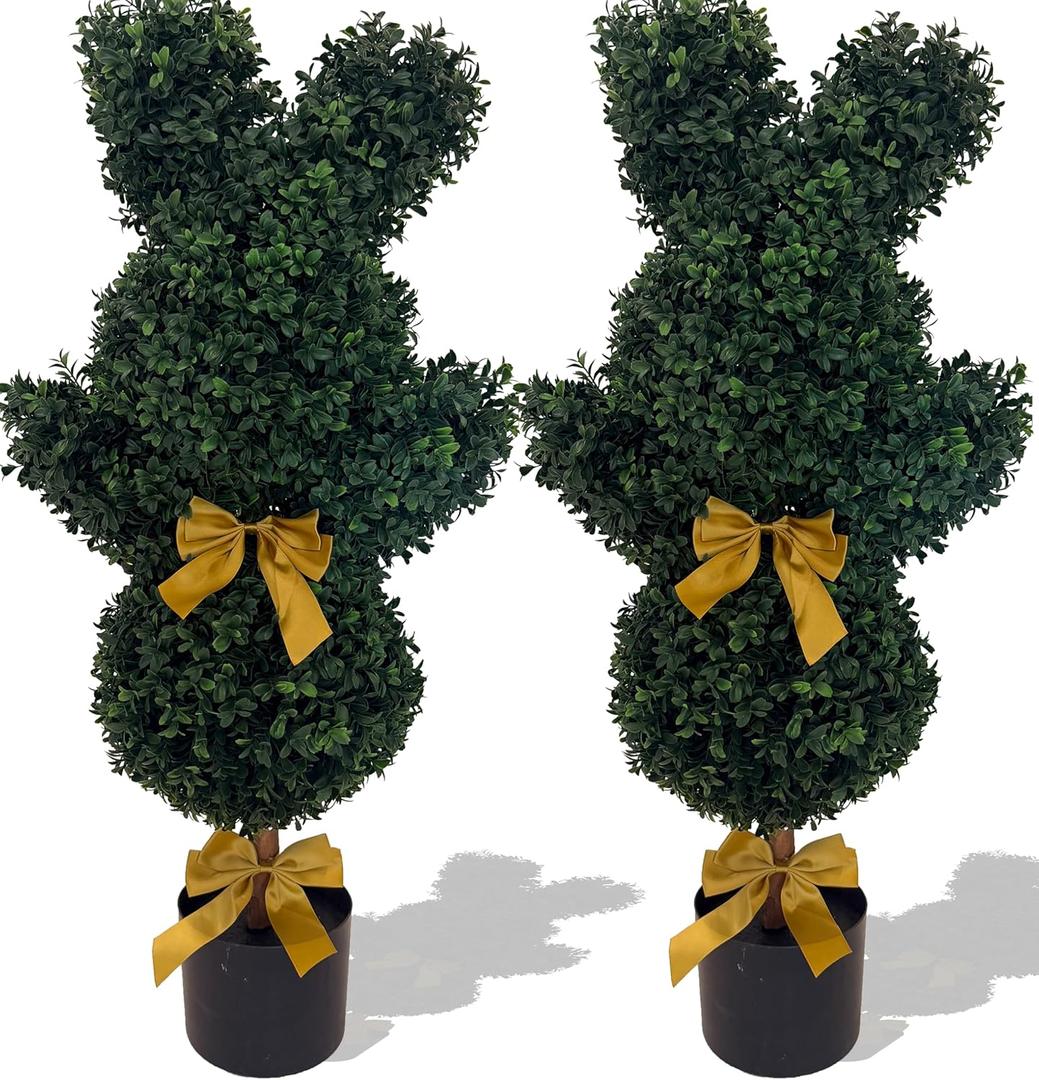 Easter Bunny Topiary 36'' Artificial Bunny-Shaped Topiary Double Ball Tree Pot Easter UV-Resistant Bowknot Faux Boxwood Topiaries Plant for Porch Decor Outdoor/Indoor 2 Pack (3FT)