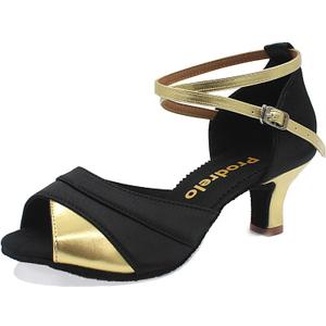 Women's Latin Salsa Dance Shoes,Black Satin Ballroom Heels,Cross-Strap Professional Practicing Shoes (6)