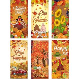 Preboun 6 Pcs Thanksgiving Fall Door Cover for Front Door Thanksgiving Entry Banner Decoration 78 x 35 Inches Happy Fall Entrance Background Dwarf Pumpkin Harvest Porch Banner for Indoor Outdoor