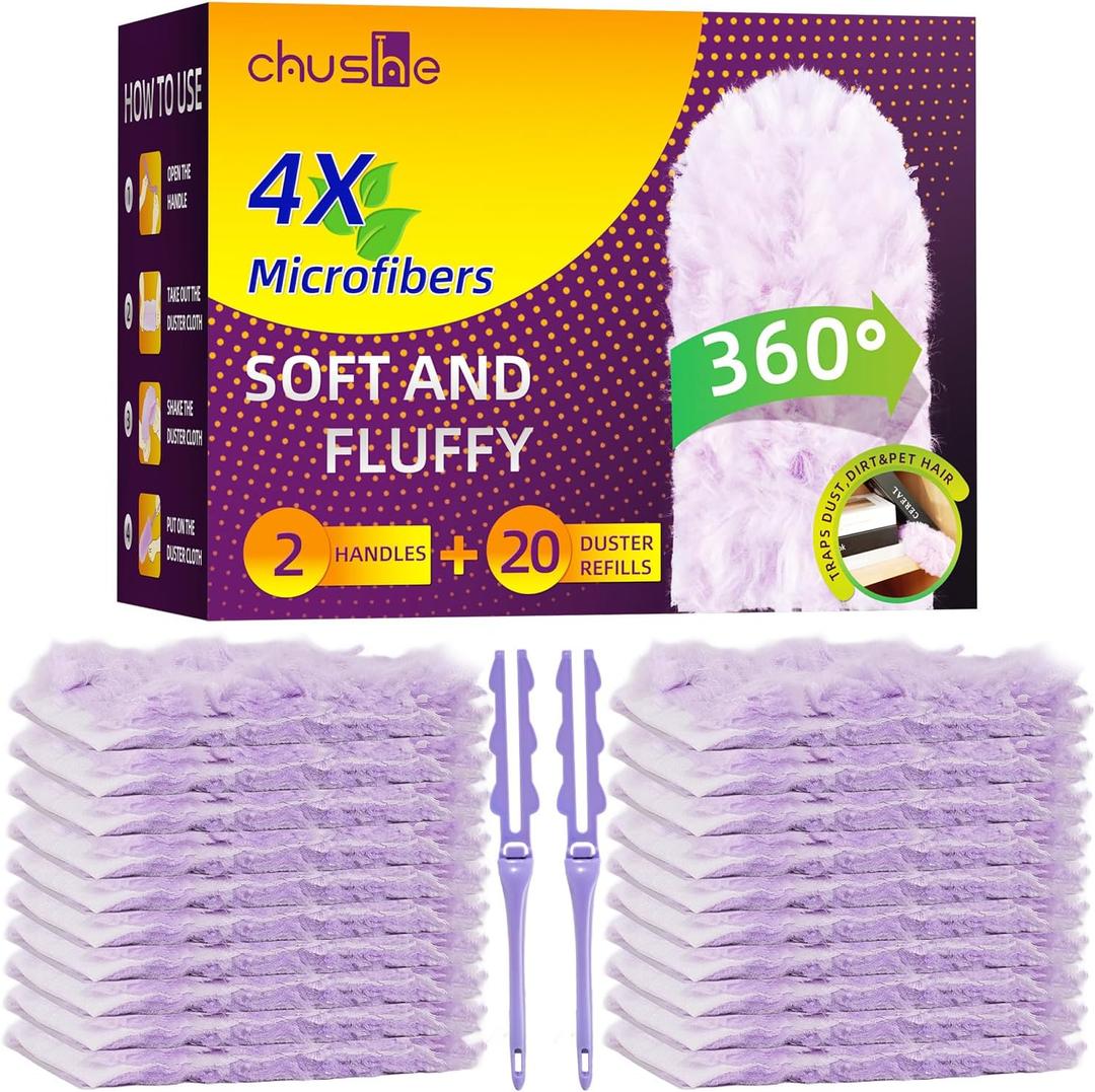 Duster Refills 20-Pack with 2 Handles  Fits All Swiffer Handles 4X Efficient for 360 Cleaning on Blinds, Ceiling Fans & Furniture