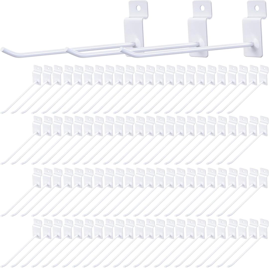 Moxweyeni 100 Pack Slatwall Hooks Slatwall Accessories Slat Wall Hanging Pegboard Hangers Slat Board Display Hooks for Retail Garage Organization Gridwall, White(5.9 Inch)