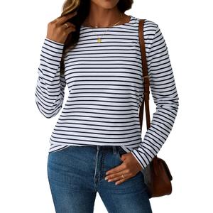 LilyCoco Womens Striped Long Sleeve Shirt Boat Neck Tops Breton Loose Fit Tshirt Black White Small