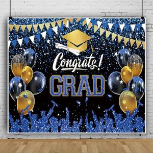 10x8ft Blue and Gold Graduation Backdrop Class of 2026 Photography Background Congrats Grad Photo Backdrop Large Graduation Party Decorations Video Shoot Portrait Photoshoot Props