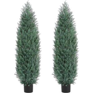 5Ft Artificial Cypress Trees (Set of 2) Outdoor Indoor, Realistic Faux Potted Cedar Trees with UV Protection, FakeTopiary Trees for Entryway Office Home Decor