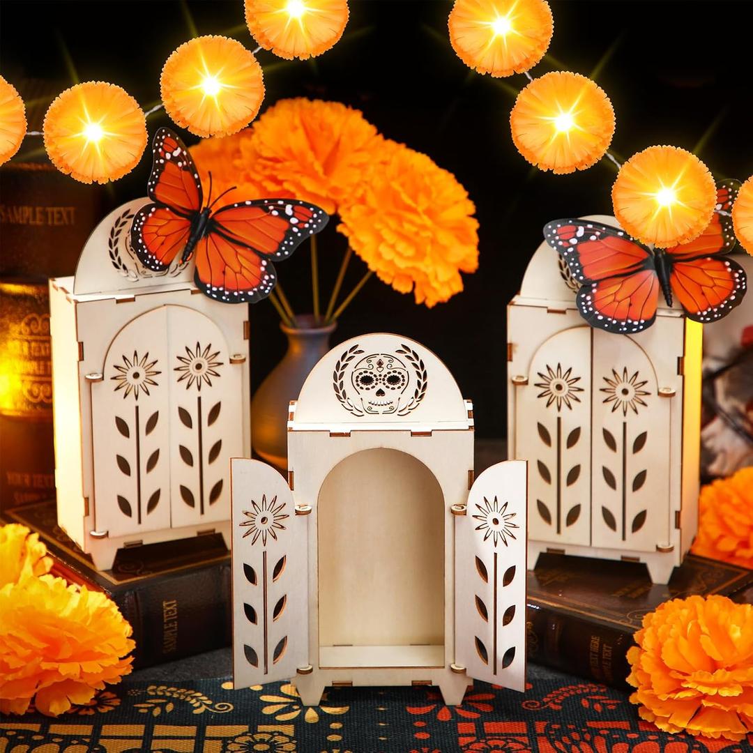 Jetec 30 Pcs Dia De Los Muertos Decoration Set Include Day of the Dead Altar Ofrenda Artificial Marigold Flowers 4.92 Feet Diwali Marigold Garland Light and Monarch Butterfly Decor(Papel Picado)