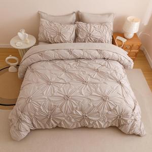 Khaki Queen Comforter Set - 7 Pieces Bed in a Bag, Premium Comforters Queen Size Bed Set Pintuck Pinch Pleat Complete Comforter Set with Flat Sheet, Fitted Sheet and Pillowcases,Khaki