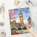 London Scene Paint by Numbers Kit for Adults - DIY Big Ben and Cherry Blossoms with Red Bus Painting on Canvas, Acrylic Paint Set for Beginners, Art for Home Decoration or Gifts(16X20IN Framed)