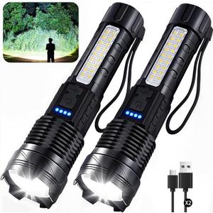Rechargeable Flashlights High Lumens, 7Mode LED Flashlight Rechargeable, Super Bright Flashlight Powerful, IPX6 Waterproof, Adjustable Tactical Flashlights for Home Emergencies Camping, 2 Pack