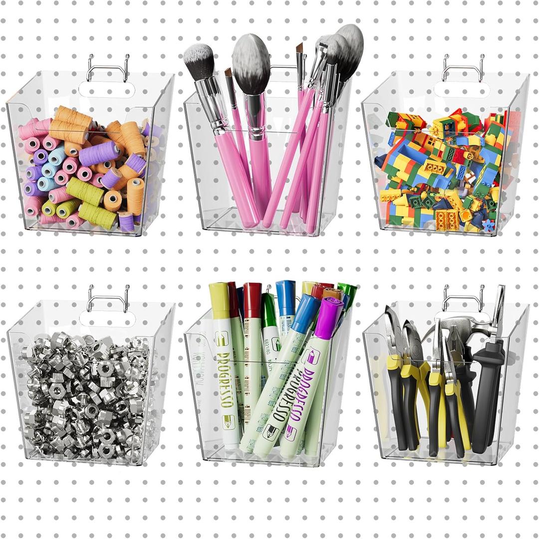 G.CORE Large Pegboard Cups Peg Board Storage Bin 6 Pack with Hooks, Square Box Shape Pegboard Cup Holder Accessories for Garage Workbench/Craft Room/Office/Playroom/Home Kitchen Organization (Clear)