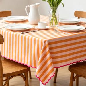 AnyDesign Scalloped Edged Tablecloth Orange Pink Striped Table Cloth Waterproof Rectangle Fabric Table Cover for Home Kitchen Party Table Decoration, 55 x 70 Inch