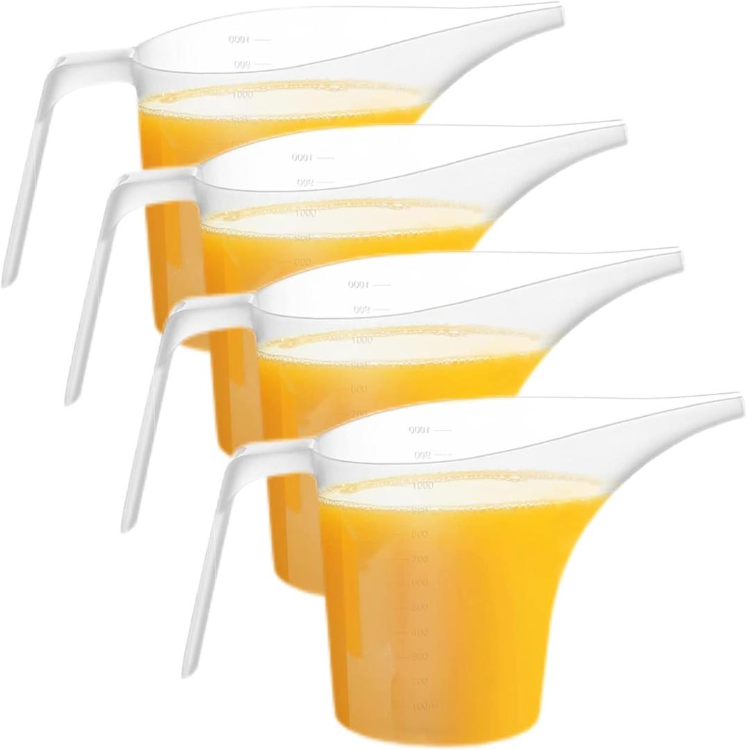 4 Pack Plastic Funnel Pitcher, Measuring Cup with Long Spout, Large Capacity Easy Pour Cup, Perfect for Bakeware Mold, Oils, Watering Plants(1000ml)