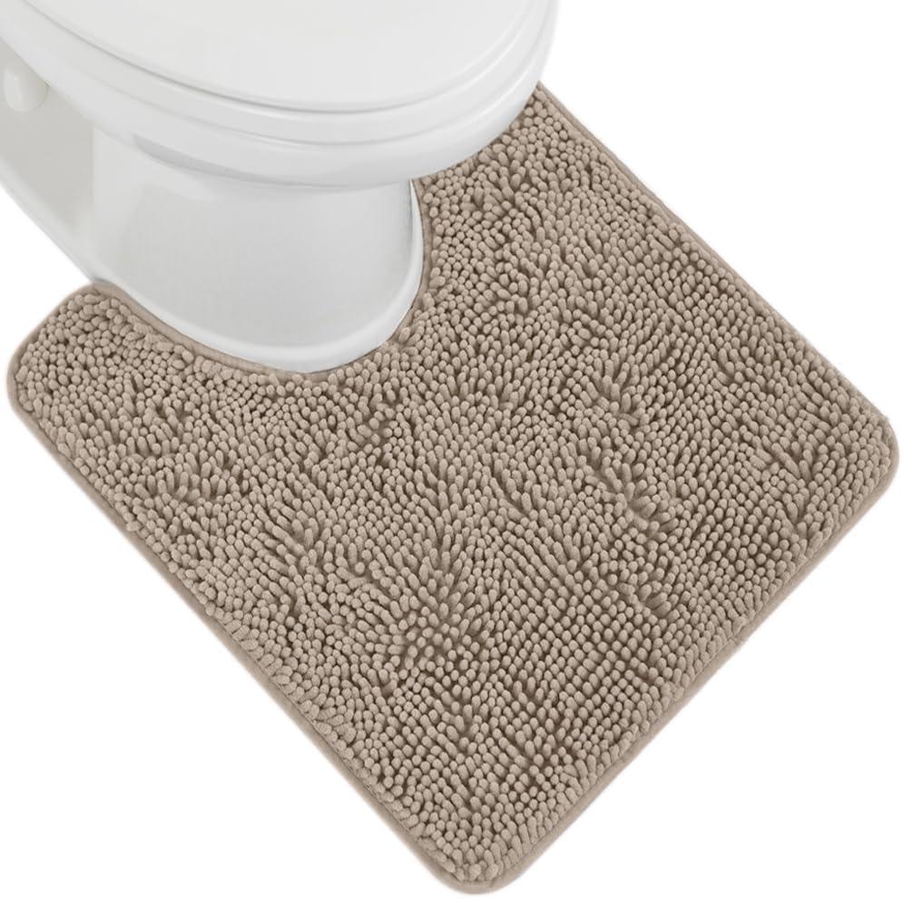 GORILLA GRIP Plush Absorbent Shaggy Chenille Bath Rug Mat for Oval Toilet Base with Rubber Backing, Machine Washable Rugs, Soft Microfiber Contour Mats for Toilets, Bathroom Decor, Gray Beige (24" x 19" Oval Contour)