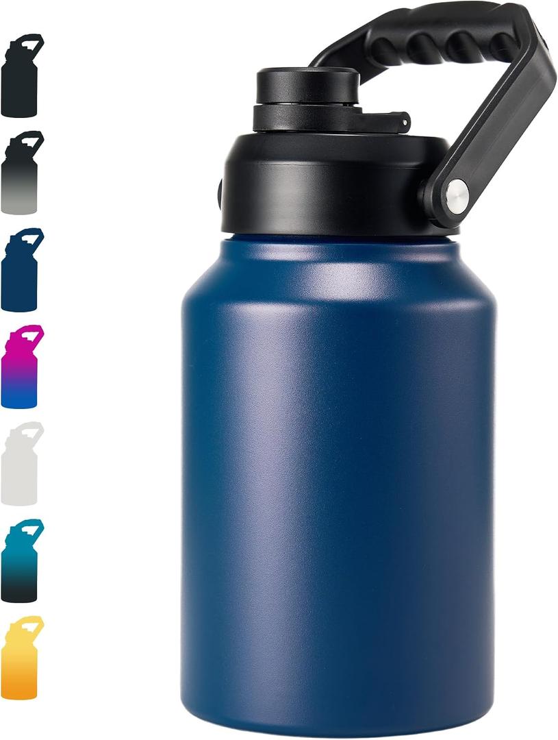 Fijinhom Insulated Half Gallon Jug, Large 64oz Stainless Steel Insulated Water Bottles with Handle, Double-Wall Vacuum Insulation for Construction Sites, Camping and Hiking, Blue