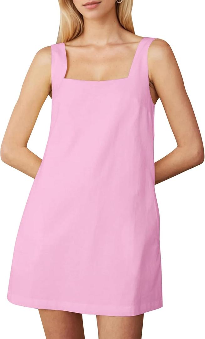 Summer Linen Mini Dress for Women Sleeveless Square Neck Tank Shift Dresses Causal Backless Solid Short Sundress (Pink, M)